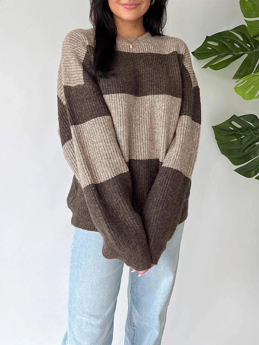 Stylish Women s Oversized Sweater with Ribbed Crew Neck and Color Block for Cozy Autumn Fashion Statement 250819