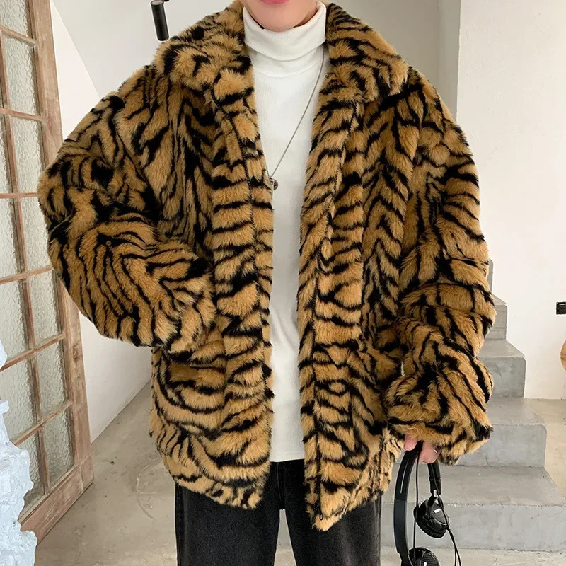 Men Faux Fur Zipper Coats Short Coat Turn Down Collar Jacket Thick Warm Loose Full Sleeve Open Stitch Autumn Winter Jackets 250825