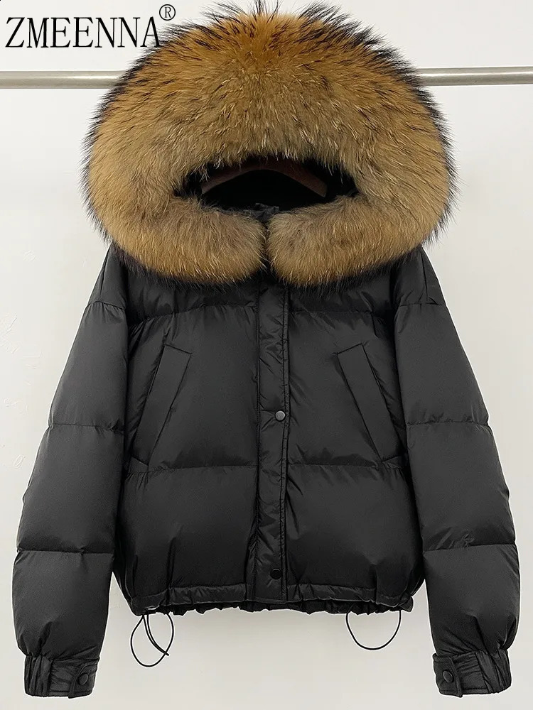 ZMEENNA Womens Black Puffer Jacket With Fur Hood Warm Short Down Coat Stylish Winter Outerwear Premium Quality ZM3388 250823