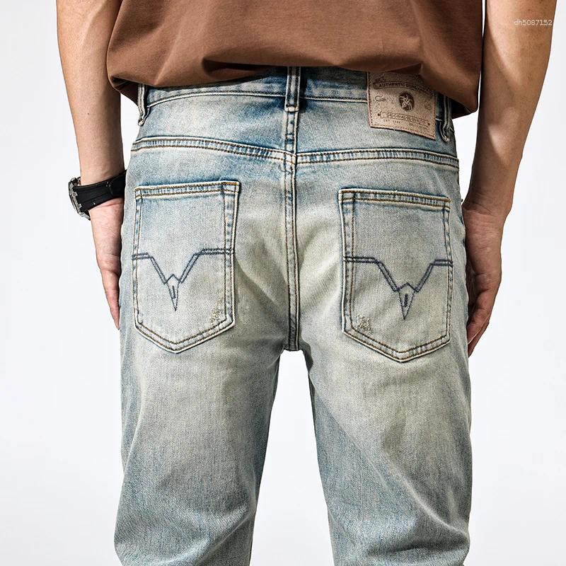 Men's Jeans Y2K Fashion Embroidered Washed Nostalgic Perforated Patch Retro Light Blue
