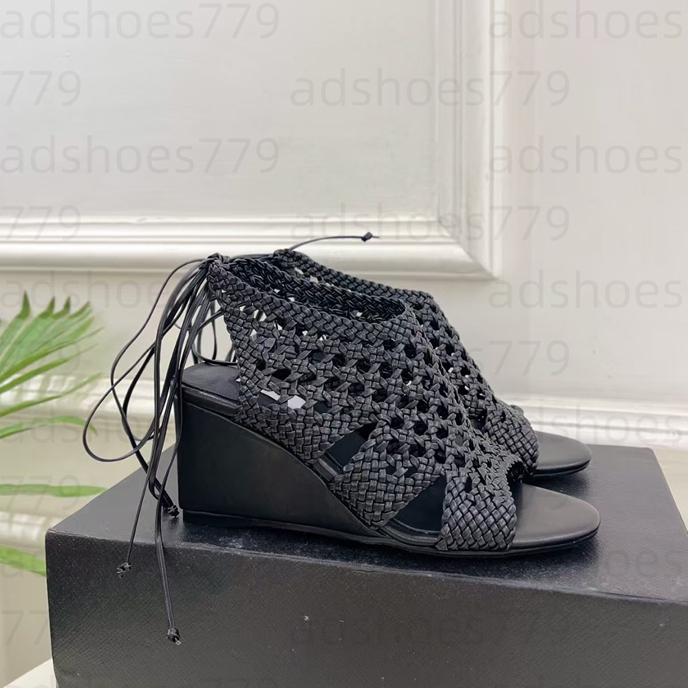Top quality Women's Wedge heel Sandals pumps Weaving leather open-toe dress shoes Sexy Girls Party evening shoes Luxury designer high heels fac