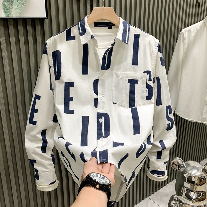 Men Clothing Spring Autumn Trendy Vintage Letter Print Lapel Shirt Simple Casual Long Sleeve Pocket Loose Tops Camisa Masculina 250823