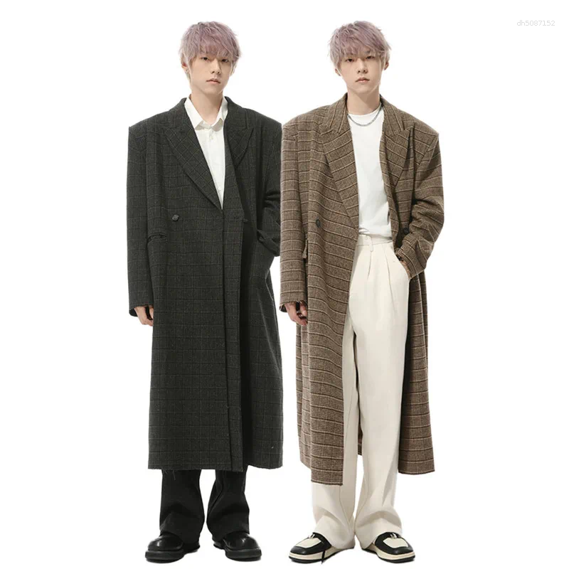 Men's Wool Korean Style High Street Woolen Overcoats Casual Plaid Two Breasted Overknee Male Coats 2025 Spring