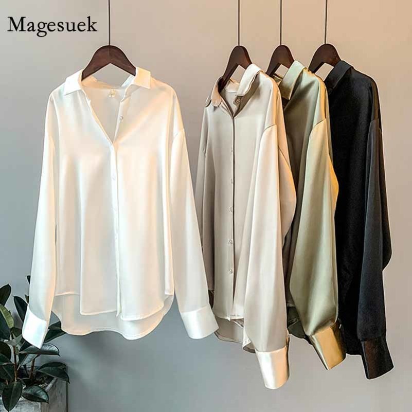 Spring Fashion Button Up Satin Silk Shirt Vintage Blouse Women White Tops Lady Long Sleeves Female Loose Street Shirts 11355 w250823