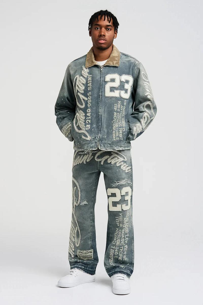 Men's Jeans Retro Y2K Hip Hop Denim Set Men Woman Clothing Vintage Baggy Wide Leg With Embroidered Letters And Patches Blue
