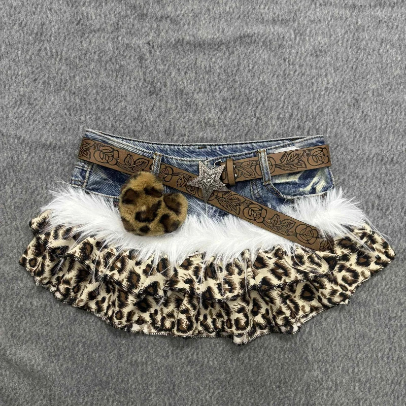 Aesthetic Y2k Slim Patchwork Leopard Print Skirts Womens Summer Retro Cowboy 2000s Sexy Short Skirt Chic Outfits 250825
