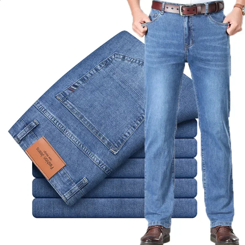 2024 Thin or Thick Material Mens Elastic Cotton Jeans Fashion Gray Comfortable Denim Business Casual High Waist Pants250823