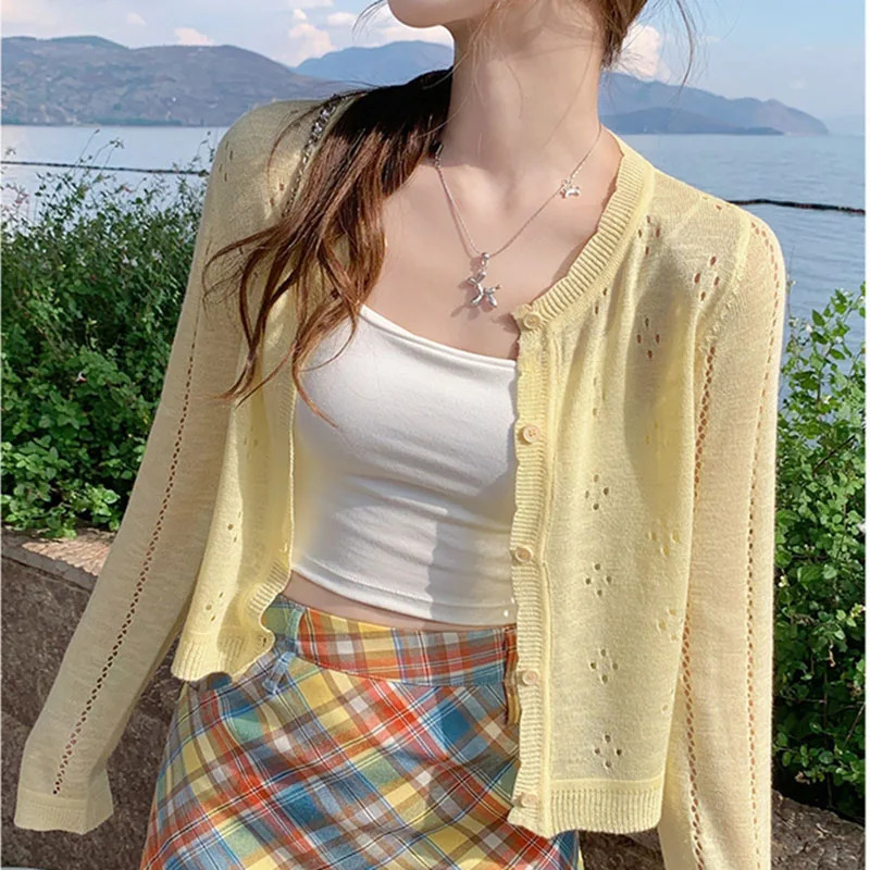 Grey Knitted Cardigan Thin Tops Women Summer Hollow Out Long Sleeve Button Sun Protected Korean Style Short Knitwear Tops Female250825