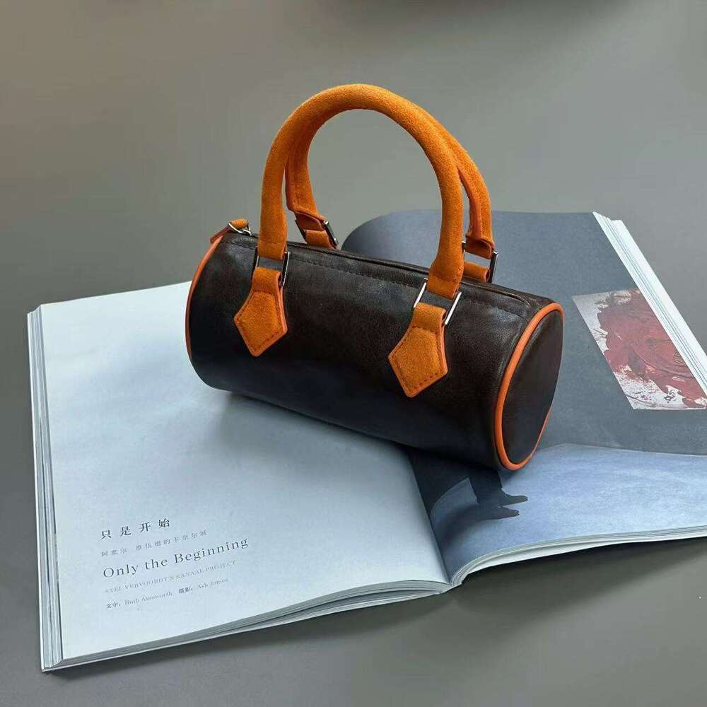 Designer Bag Tote Bag Shoulder Bag Vegetable Tanned Leather Women's 2025 New Mini Boston Niche Cylinder Color-Block Handbag Shoulder Crossbody