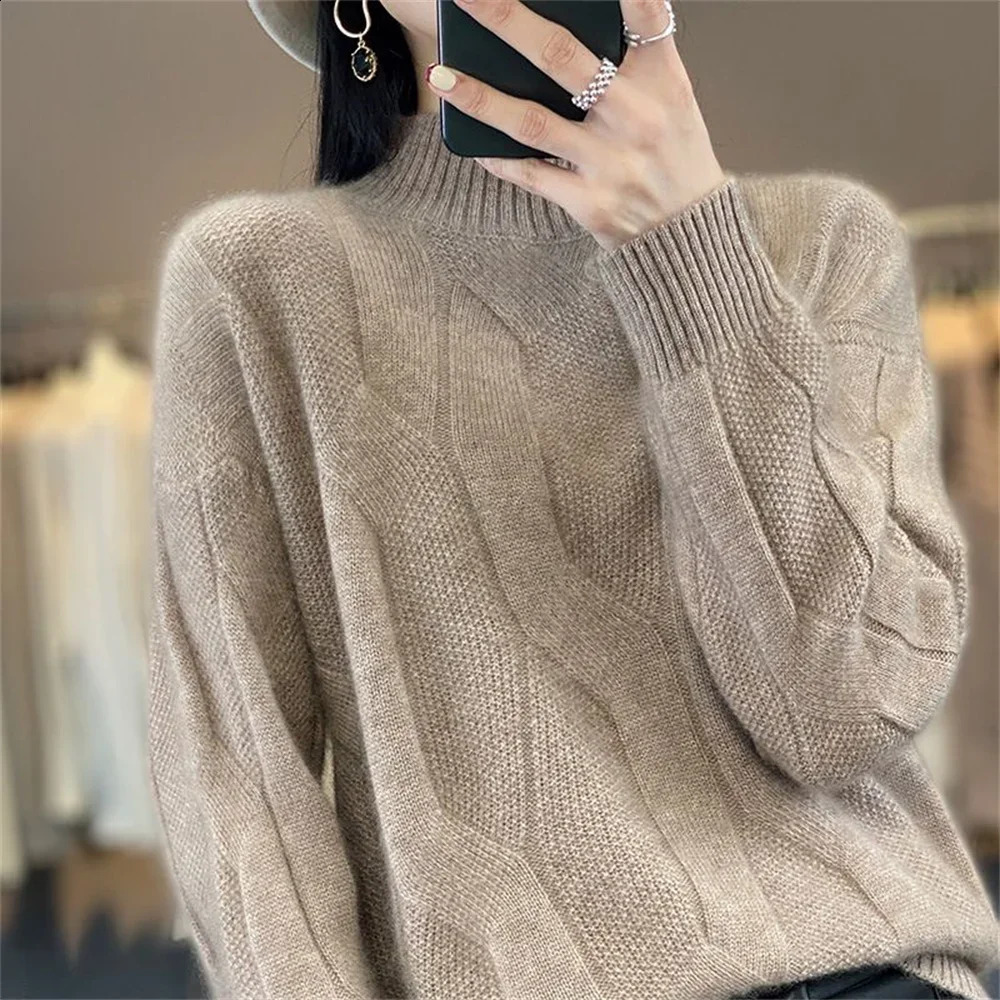 Autumn Winter Fashion Womens Wool Sweater Half High Collar Cashmere Pullover Solid Color Soft Long Sleeve Knitted Clothing Tops 250819