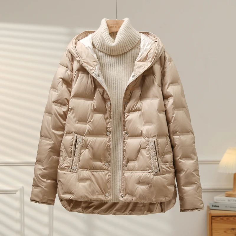 Lagabogy 2025 Autumn Winter Women White Duck Down Coat Casual Single Breasted Hooded Jacket Female Light Puffer Parka Outwear250825