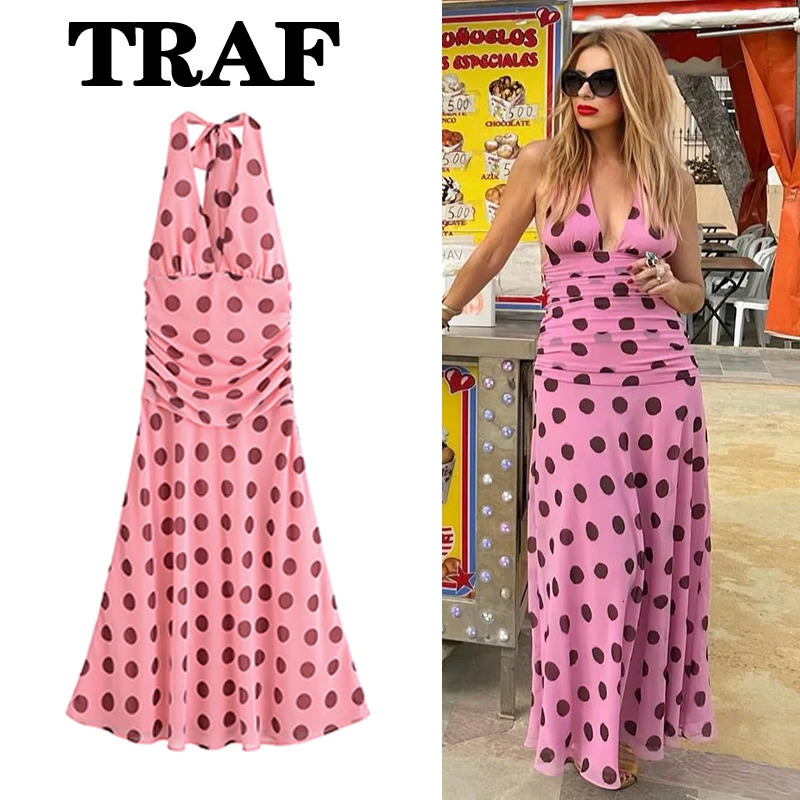 TRAF Polka Dot Printed Long Dresses Chic Fashion Backless Dress Hanging Collar Midi For Women Pleated Summer 250825