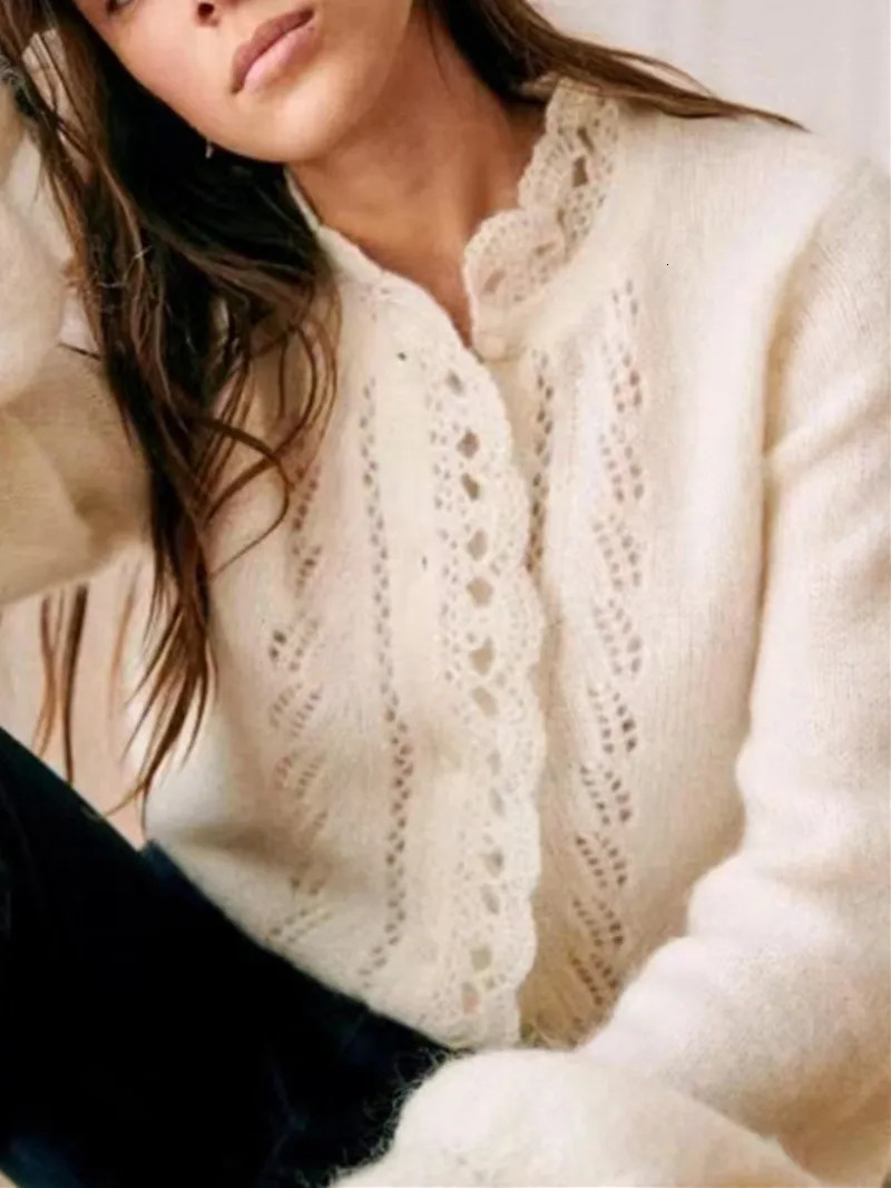 White Women Mohair Wool Sweater Hollow Out Lace Stitching Long Sleeve Female Casual Knitted Cardigan 250825