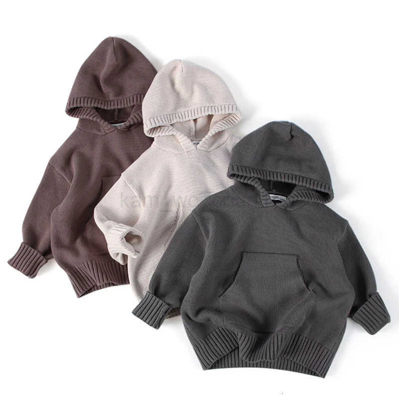 Korean Style Autumn Winter 16 Years Kids Knitting Clothing Solid Color Hooded Casual Loose Pullover Baby Boys Girls Sweater M250825