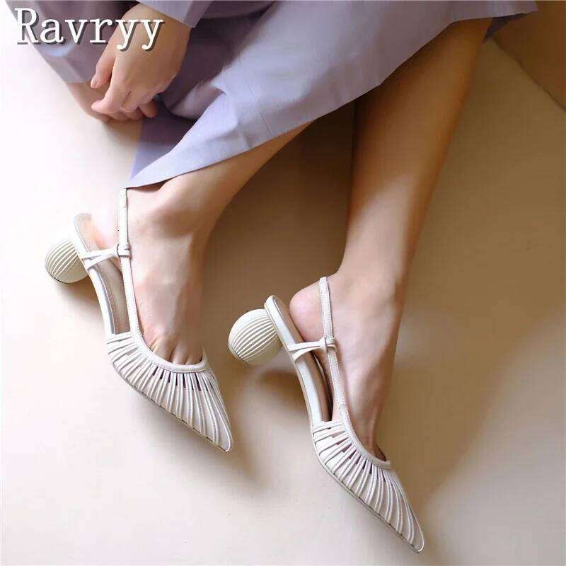 Pointed Toe Genuine Leather Sandals Strange Slingbacks Pumps Versatile Middle Heel Women Party Dress Shoes