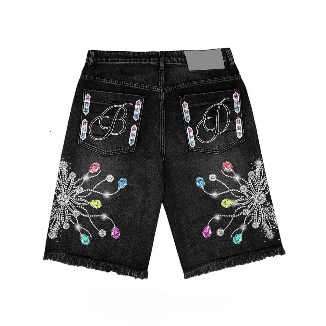 Y2K original art splicing rhinestone pocket print straight leg shorts street hiphop casual retro loose knee denim shorts 250825