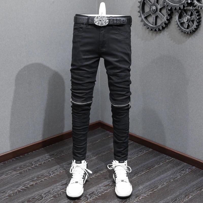 Men's Jeans Y2K High Street Fashion Denim Washed Nostalgic Stretch Slim Fit Retro Black Designer Hip Hop Brand Pants Hombre
