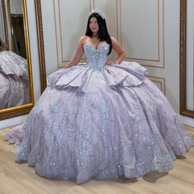 Lilac Shiny Princess Off the Shoulder Sweet 16 Dress Quinceanera Dresses Applique Beading Crystal Tull Party Birthday Vestidos 15 De Anos