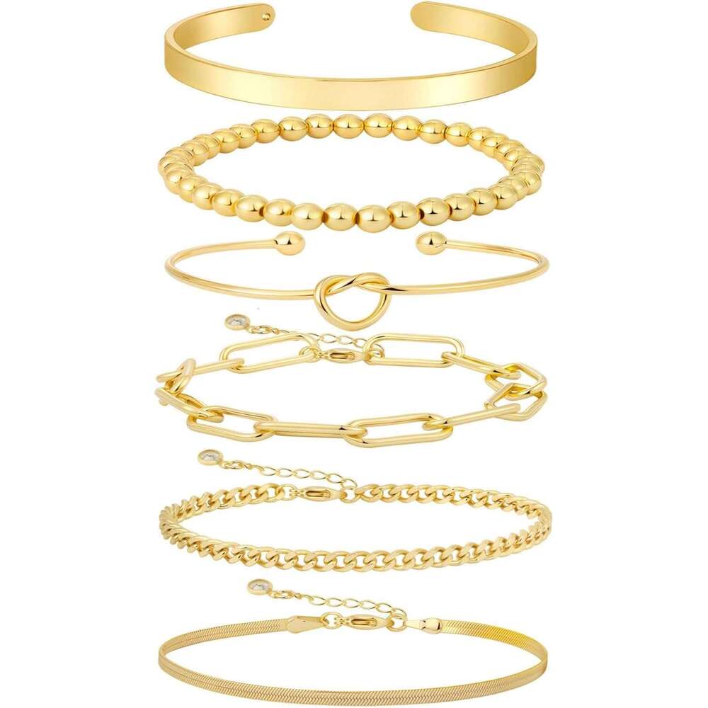 women 14K Bangle Stack - Adjustable Waterproof Trendy Bracelets Filled Stacks Bangles Link Chain Gold Bracelet Non Tarnish for Women Jewelry Gifts