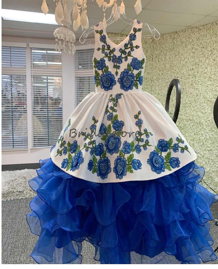 Mexican Blue Flower Girls Dress 2025 Mariachi Escaramuza Charro Kids Birthday Dress Embroidery Pageant Party Outfit Mariachi Quinceanera Children Tu