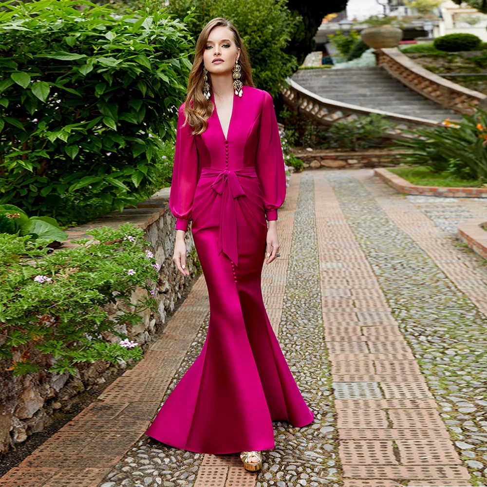 2026 Elegant Fuchsia Evening Formal Dress Puff Sleeves V Neck Buttons Front Slit Long Christmas Prom Pageant Party Gowns Robe De Soiree