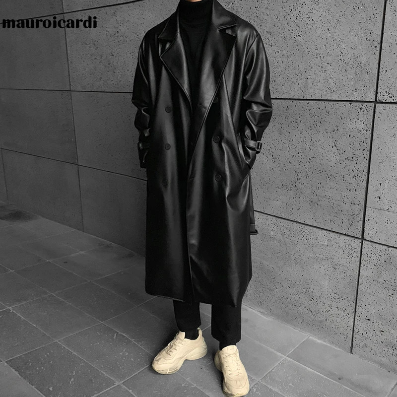 Mauroicardi Spring Autumn Long Black Oversized Faux Leather Trench Coat Men Drop Shoulder Belt Faux Leather Coats for Men 250825
