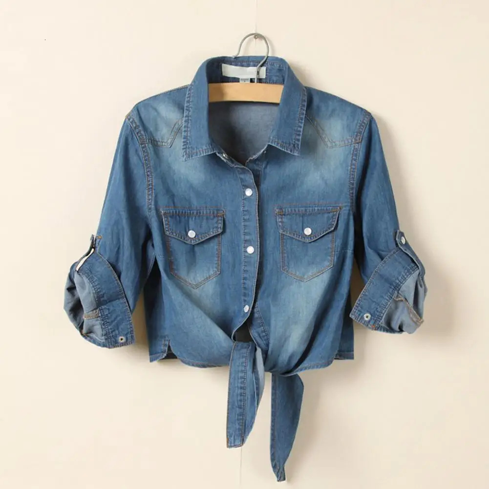 Tie Knot Denim Jacket Cropped Length Short Type Singlebreasted Lace Up Denim Shirt Tie Knot Blue Jeans Cardigan Lady Jacket 250825
