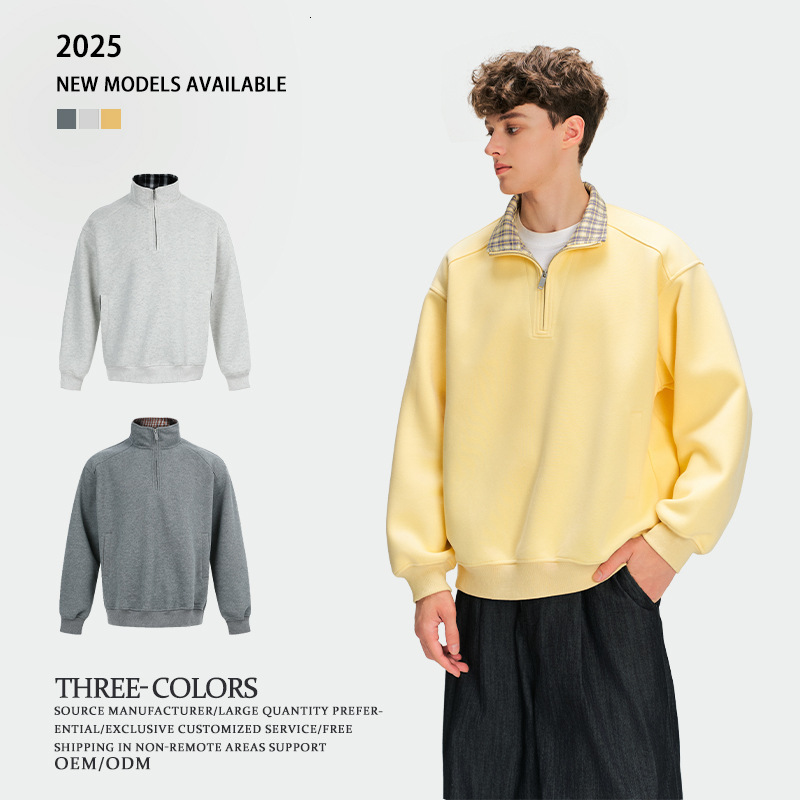 420g American Style Solid t shirt Pullover Unisex Spring Autumn Plaid Color Block Half-Zip Stand Collar Sweatshirt