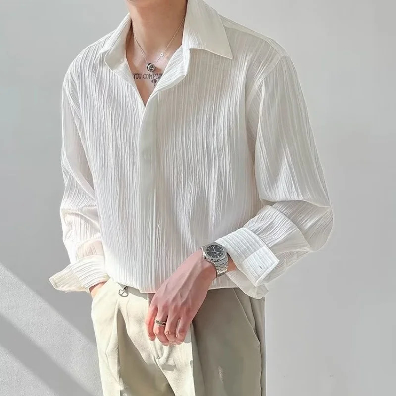 Black Apricot White Longsleeved Shirt Men Fashion Social Mens Dress Korean Loose Casual Pleated Shirts Formal 250825