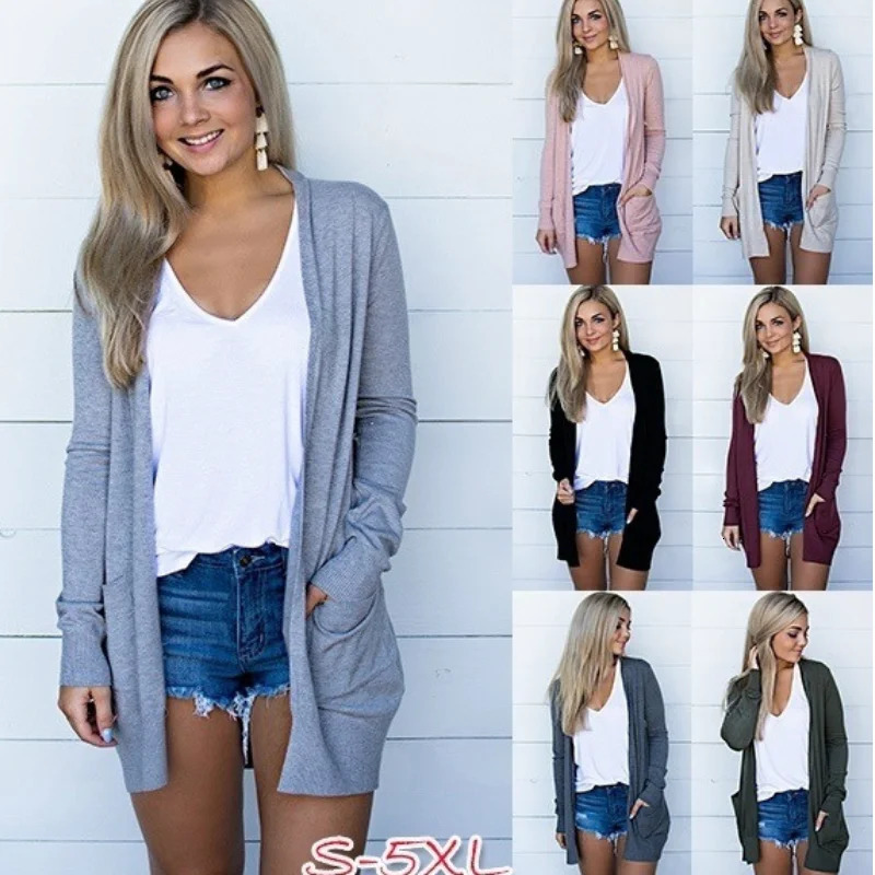 Women Fashion Solid Long Sleeve Solid Casual Autumn Winter Medium Long Pocket Cardigan S5Xl Multicolor Large250825