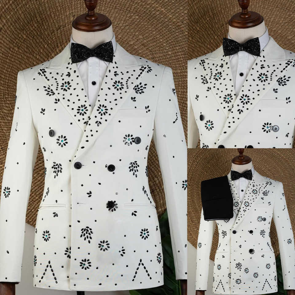 Gorgeous Men Suit Peaked Lapel 2 Pcs Crystal Wedding Tuxedos Luxury Double Breasted Evening Prom Grooms Blazers Customized