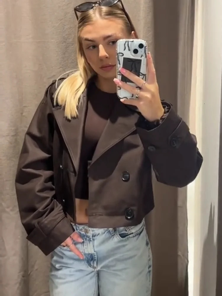 Solid Color Loose Short Coats Woman Double Breasted Lapel Long Sleeves Jacket Casual Fashion Womens Spring Autumn Jackets 250825