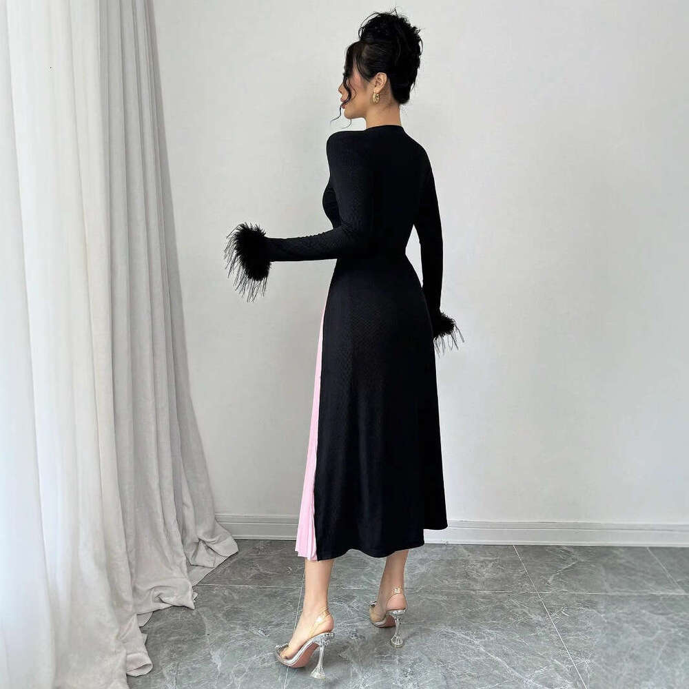 2025 Cross-Border In-Stock Heavy Craft Sweater Patchwork Printed Pleated Ostrich Feather Elegant Dress Black Chenille