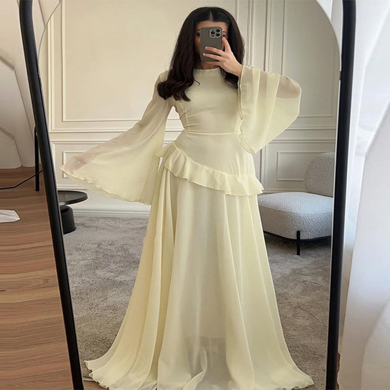Chiffon Asymmetric Ruffle Bell Sleeve Dress Waist High Neck Airy Summer Elegant Women Maxi Vestido Holiday Party Lady Robe 250823