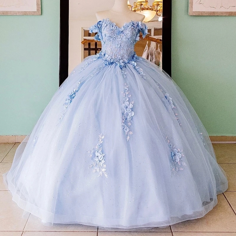 Sky Blue Shiny Quinceanera Dresses Off The Shoulder Party Birthday Ball Gown Flower Applique Beads Tull Sweet 16 Dress Vestidos De 15 Anos