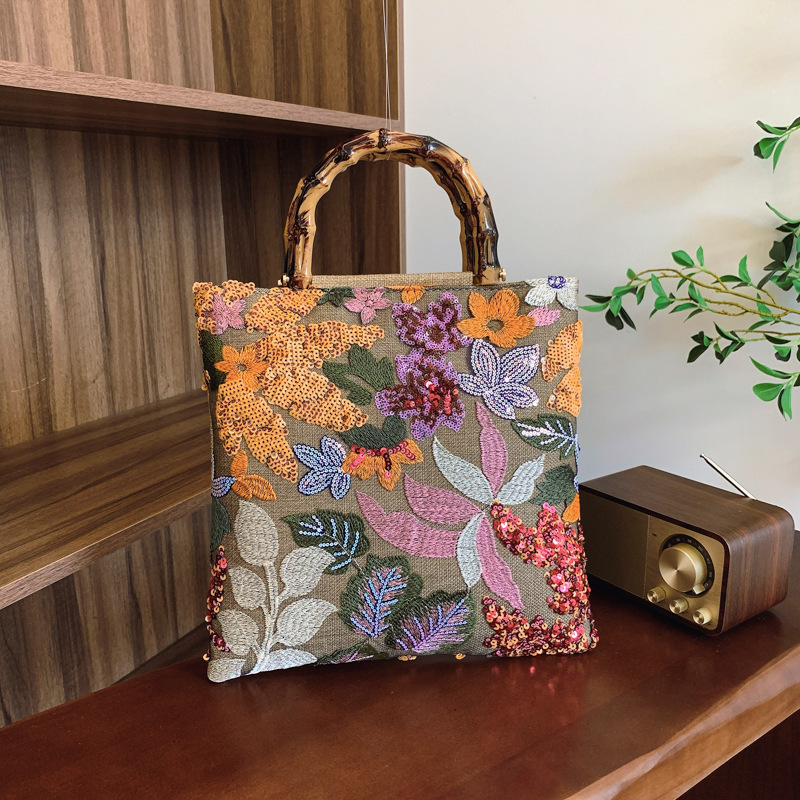 Cross-border New Bamboo Knot Handbag High-end Colorful Sequins Vintage Luxury Bagdesigner Free Shipping Women's Handheld Heavy Embroidery Trend