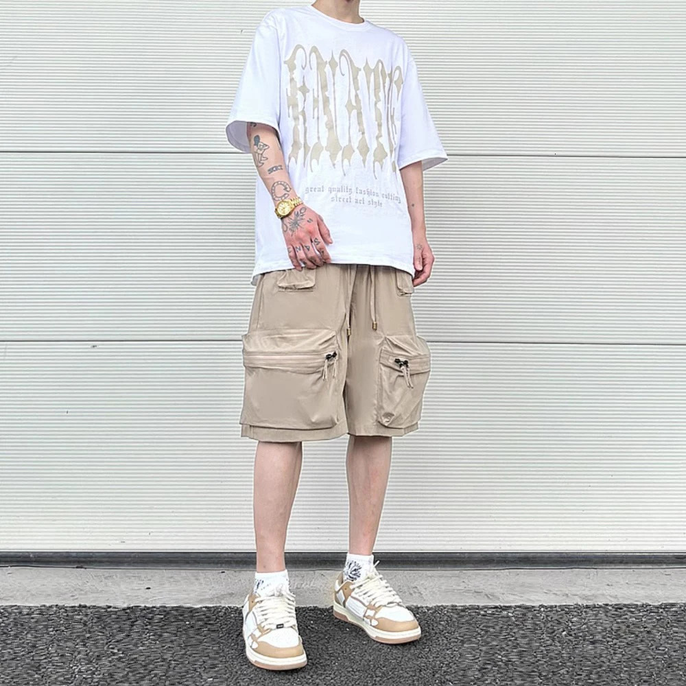 High Street Functional Cargo Shorts Relaxed Fit Summer Loose Casual Elastic Drawstring Tied Workwear Shorts for Men 250825