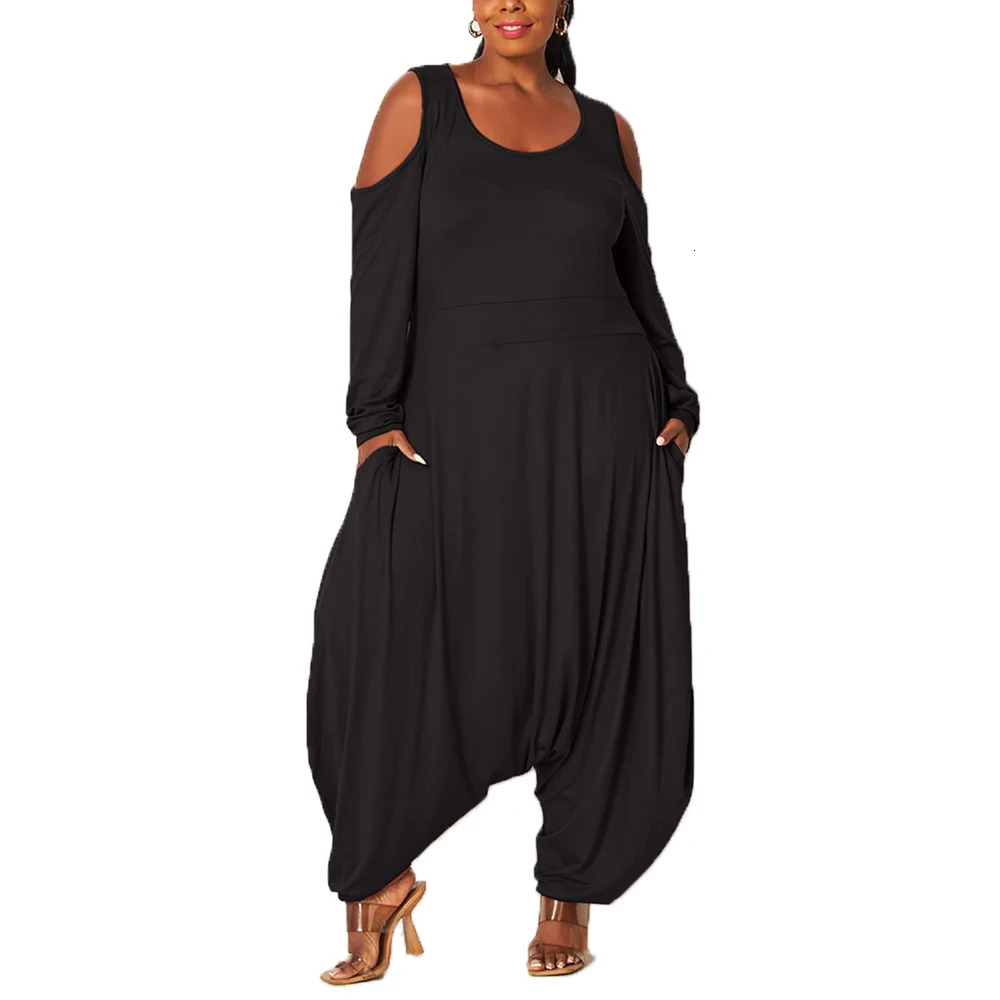Womens 1XL5XL Casual Fashion Plus Size Solid Color Jumpsuit Long Sleeve Loose Jumpsuits O Neck Pocket Autumn Winter Clothing 250825