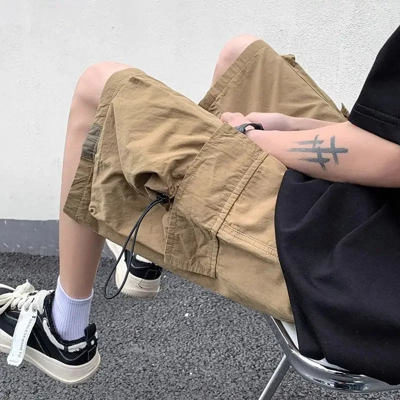 Baggy with Pockets Elastic Waist Short Pants for Men Wide Draw String Solid Mens Cargo Shorts Loose Y2k in Nylon Clothes 250825