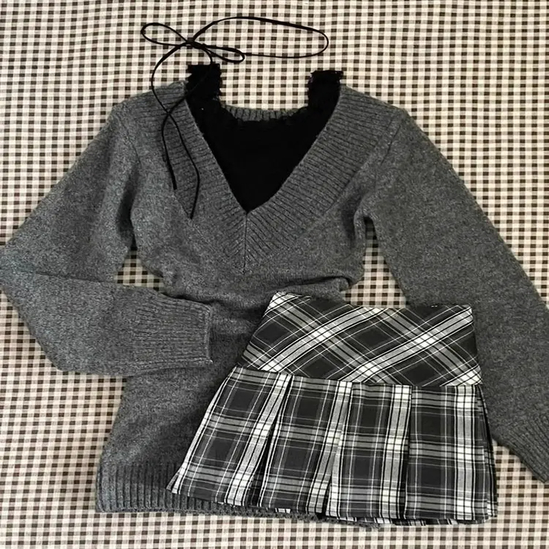 Knitted Suits Autumn Winter Woman Vneck French Vintage Long Sleeve Pullovers Knitwears 2000s Aesthetic Korean Sweater Sets Y2k 250823