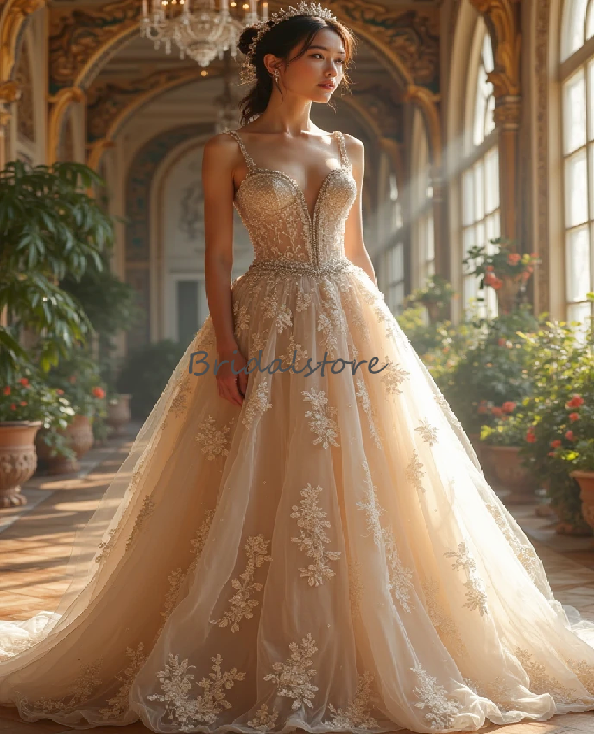 Ethereal Champagne Wedding Dress 2025 Spaghetti Straps Beaded Bohemian Lace Bridal Dress A Line Tulle Civil Garden Boho Celtic Gothic Bride Robe De
