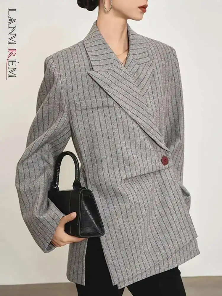 LANMREM Fashion Stripe Printed Asymmetric Blazers Womens Notched Long Sleeve Gathered Waist Jackets Spring CPDB342 250825