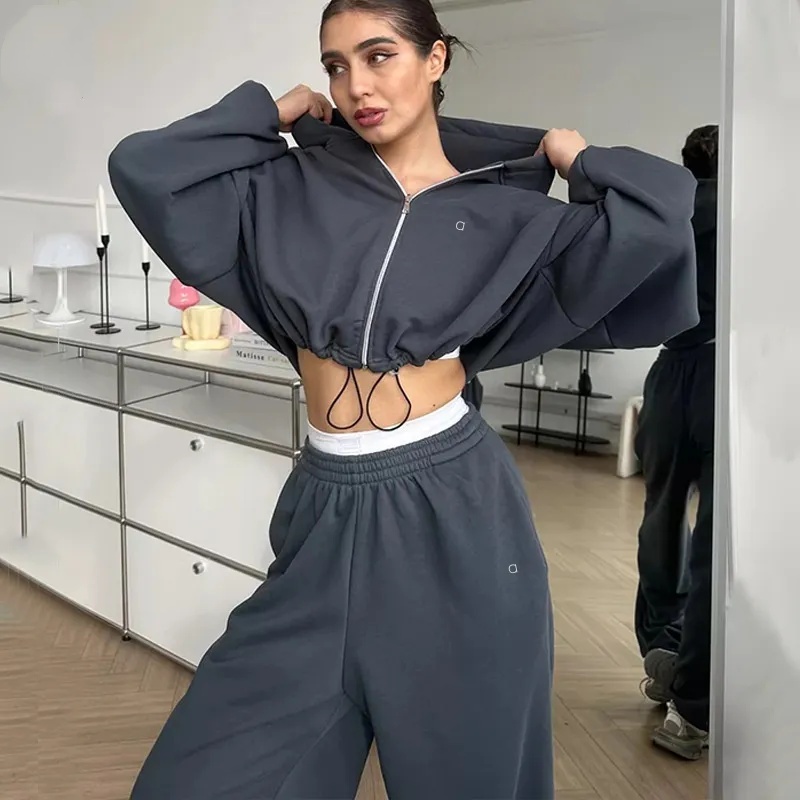 A988 Ladies Casual Suit 3D Solid Color Long Sleeve Zipper Cardigan Drawstring Hooded Sweater Sports Elastic Pants Two-piece Suit-image-1070295619