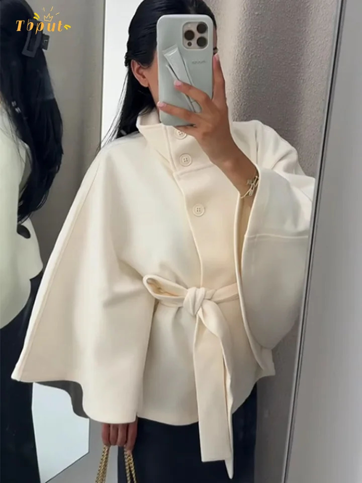 Solid Lace Up Cape Coat Women Fashion Stand Collar Long Sleeve Belt Cropped Trench Jacket Lady Casual Fall Daily Outerwear 250819