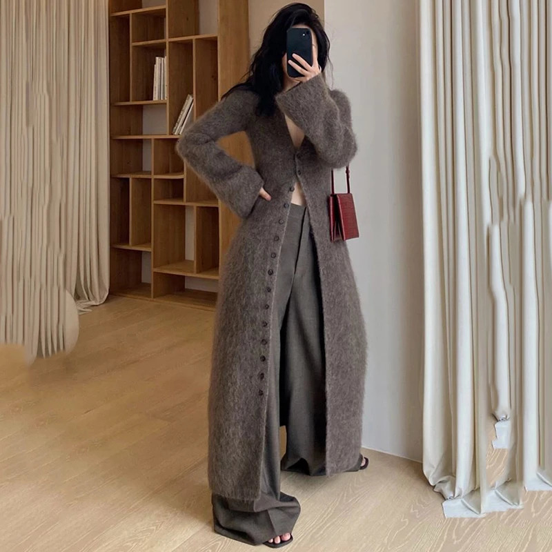 Casual Loose Long Cardigan Coats Korean Vintage Vneck Knit Jackets Women Fashion Fall Winter Tops Sleeve Knitwear Jacket 250825