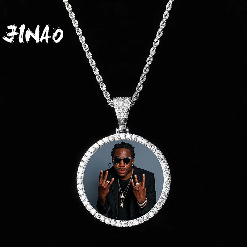 JINAO Custom Ice out Large size Po Round Necklace Pendant With 4mmTennis Chain AAA Cubic Zircon Hip hop Jewelry250821