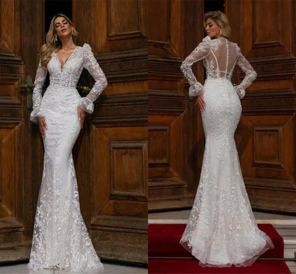 Long Sleeve Wedding Dress Sexy Mermaid Deep V-Neck Backless 3D-Floral Appliques Bridal Dress Floor Length Custom Made Color/Size
