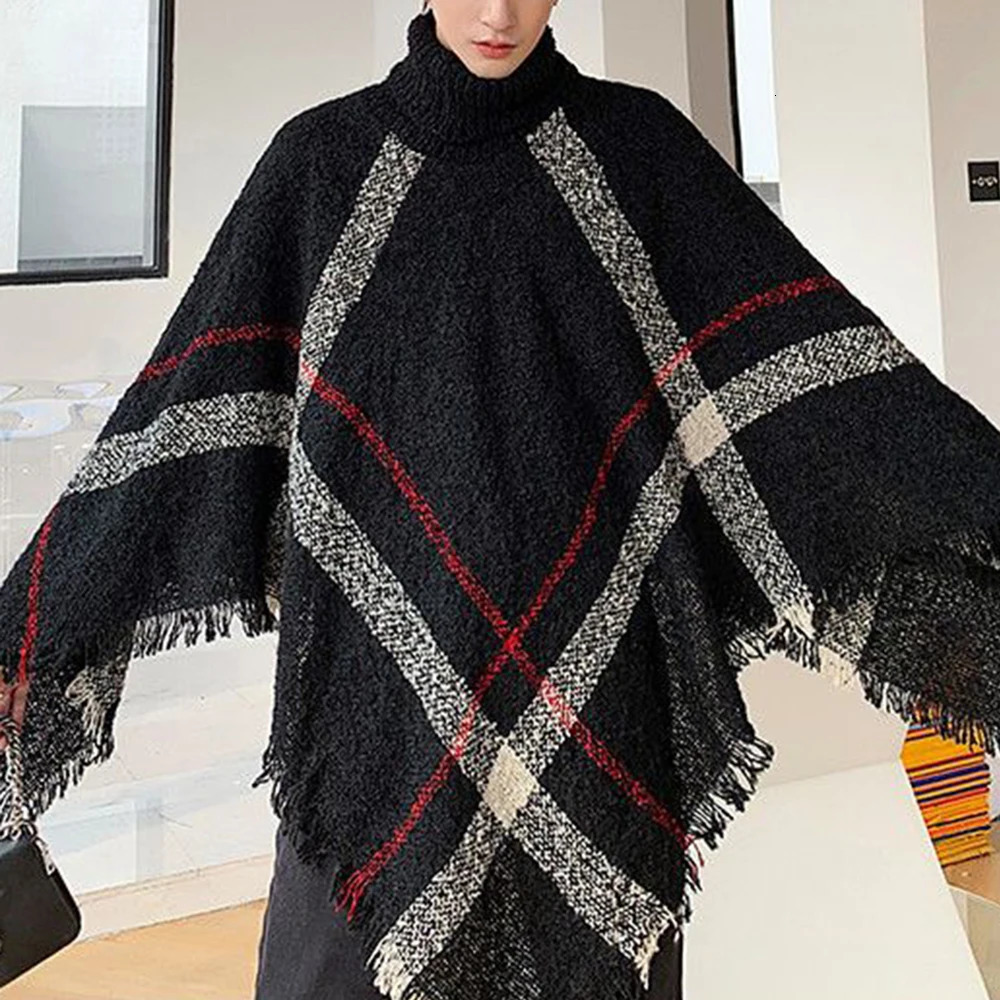 Mens Spring Autumn Shawl Lady Knitted Wrap Plaid Pullover Cloak Loose Turtleneck Sweater Fall Winter Poncho Capes 250825