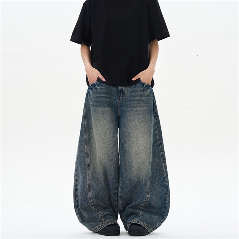 2025 Spring Mens Jeans Oversized Wide Leg Pants Loose Vintage Patchwork Lightning Cracked Denim Trousers Streetwear Male250823