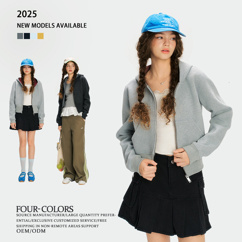 American Style Hooded Short Sweatshirt t shirt for Women, Spring and Autumn Zipper Slim Cardigan, Petite Top, Trendy Jacket